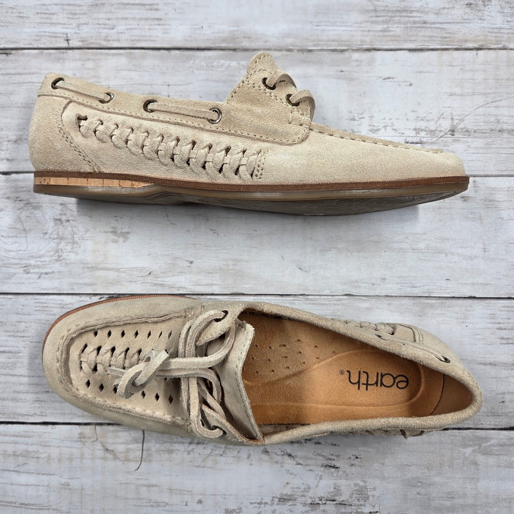Earth Wishing Boat Shoes Women 8.5 Beige‎ Suede Woven Perforated Comfort Loafers